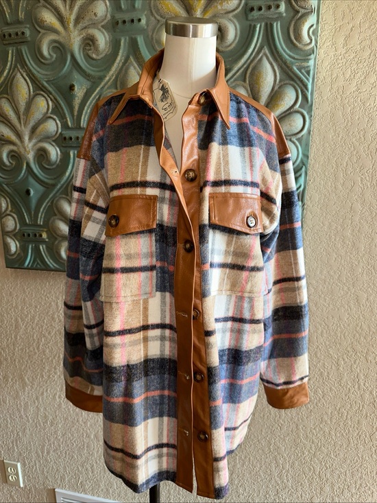 easel Jackets & Blazers - easel Brown Faux Leather Trim Plaid Jacket with Blue and Pink Accents
